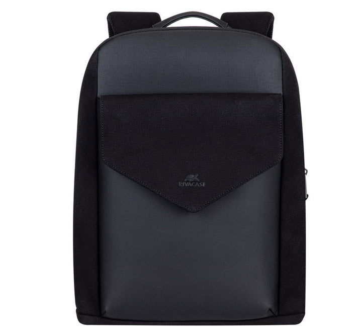 Rivacase 8524 Cardiff premium black canvas 14 inch laptop backpack featuring vintage faux leather trim and slim urban profile.