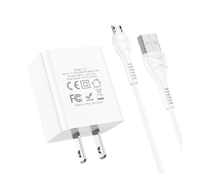 Hoco C89 Light Road Dual Port US Set With Micro-USB Cable (White), USB Chargers, Hoco - ICT.com.mm