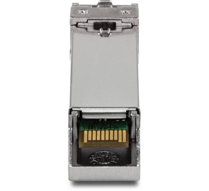 Demonstration showing how to slide the hot-pluggable TRENDnet TI-MGBS10 transceiver into a DIN-rail hardened industrial switch SFP bay.