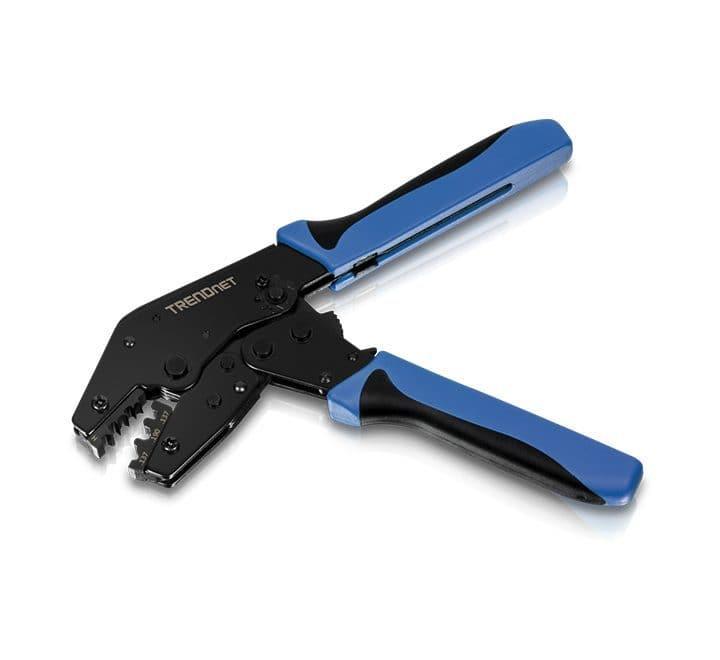TRENDnet TC-FCT Fiber Ratchet Crimp Tool featuring carbon steel jaws, internal ratcheting release, and black and blue non-slip rubber handles.