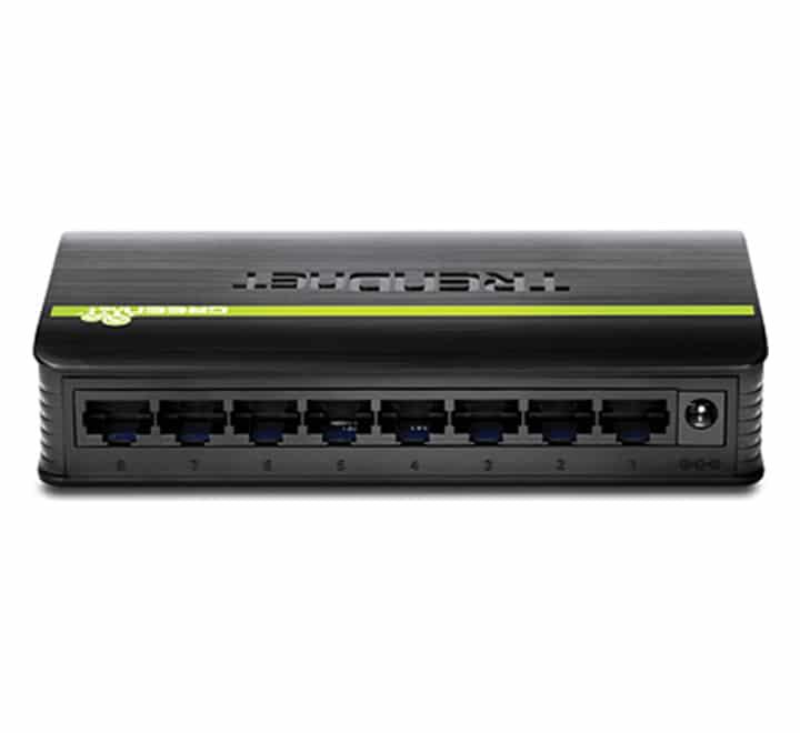 TRENDnet TE100-S8 8-Port 10/100 Mbps GREENnet Switch front profile showing the clean arrangement of the eight network ports and power LED indicator-