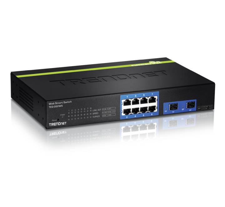 Front view panel interface of the TRENDnet TEG-082WS web smart switch displaying eight gigabit copper RJ-45 connections and two dedicated SFP fiber expansion module bays.