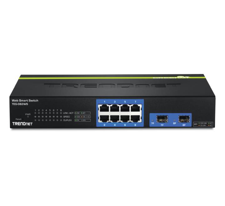 Three quarter angle shot profile highlighting the durable dark gray metal 1U rack-mountable housing design of the TRENDnet TEG-082WS web smart switch.