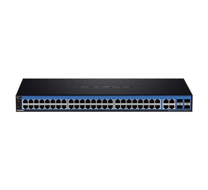 TRENDnet TEG-524WS 52-port gigabit web smart switch showing the 1U metal rackmount chassis, front face ports, and status diagnostic LEDs - ICT.com.mm