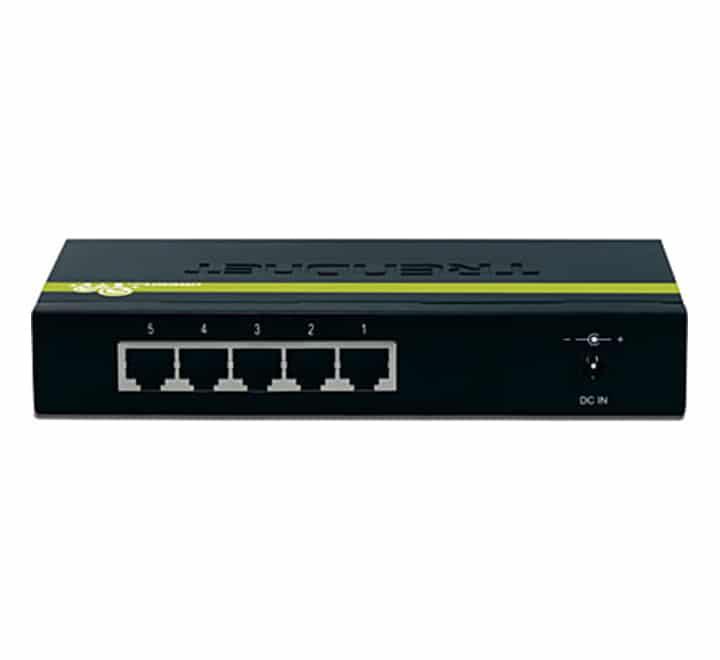 TRENDnet TEG-S50g 5-port unmanaged gigabit GREENnet mini switch showcasing its front ethernet ports and clear diagnostic status LEDs.