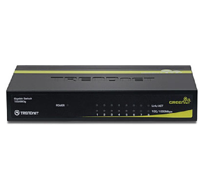 TRENDnet TEG-S80g 8-Port Gigabit GREENnet Mini Switch front layout showing its compact black metal chassis, green accent stripe, power LED, and numeric activity indicators.