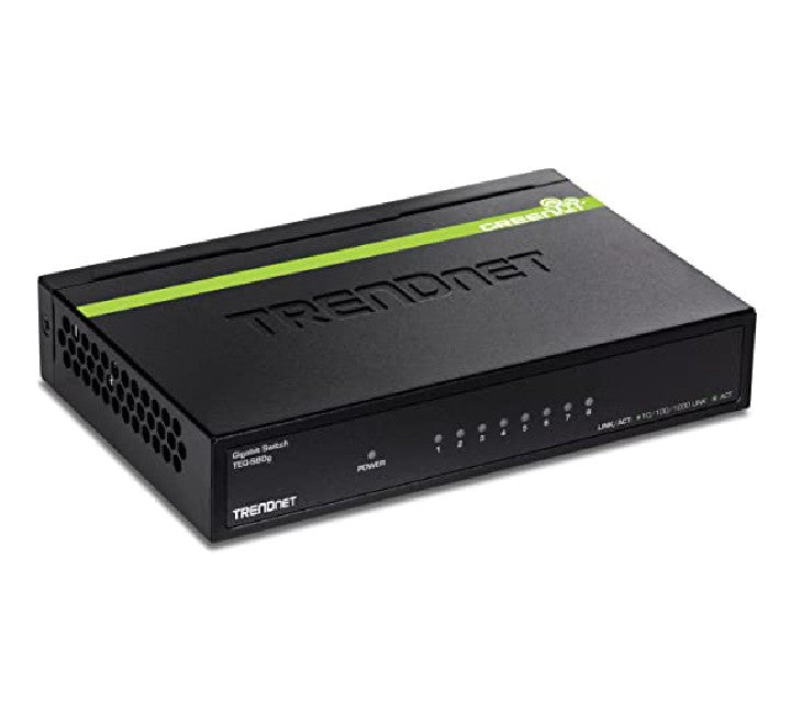 Rear connection panel of the TRENDnet TEG-S80g switch showcasing eight unmanaged 10/100/1000Mbps Gigabit RJ-45 copper port bays.