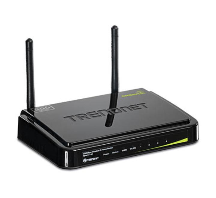 Rear physical layout panel of the TRENDnet TEW-731BR router highlighting four blue Fast Ethernet LAN ports, one yellow WAN port, and dual external antennas.