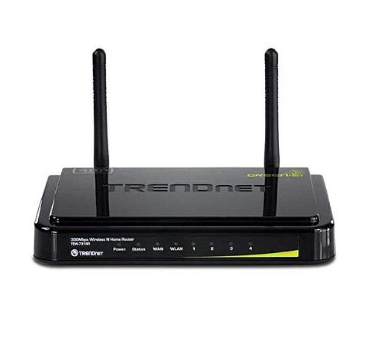 Front view of the compact black plastic housing panel of the TRENDnet TEW-731BR wireless router displaying green status diagnostic LED indicator icons.