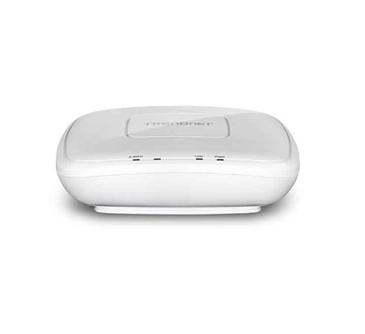 TRENDnet TEW-755AP N300 PoE access point showcasing its low-profile circular off-white indoor housing design.