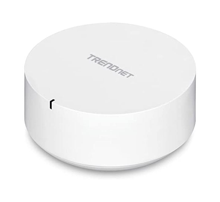 Rear panel of the TRENDnet TEW-830MDR mesh router highlighting the Gigabit WAN port, Gigabit LAN port, and power input.