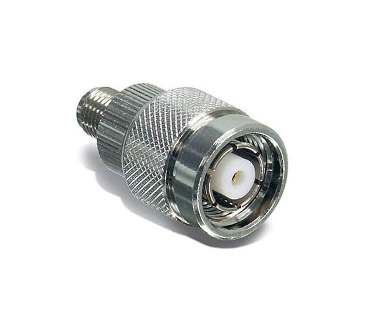 TRENDnet TEW-AMBA RF adapter showcasing its metallic threaded coupling profile designed to convert RP-TNC interfaces to RP-SMA.