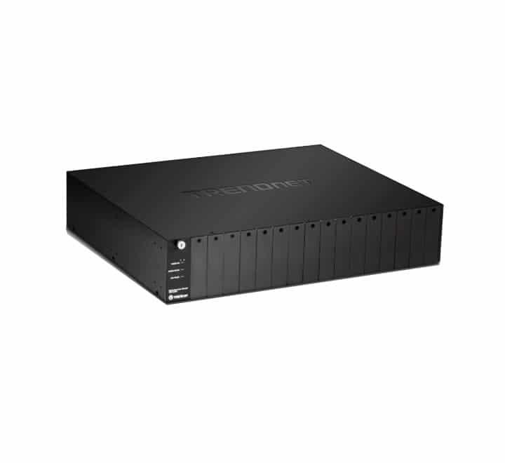 TRENDnet TFC-1600 16-Bay Fiber Converter Chassis System 19-inch front profile highlighting the slot layout structure for media converter modules.