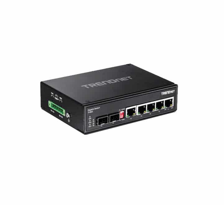 Side profile view of TRENDnet TI-G62 unmanaged industrial switch with attached heavy-duty DIN-rail mounting hardware.