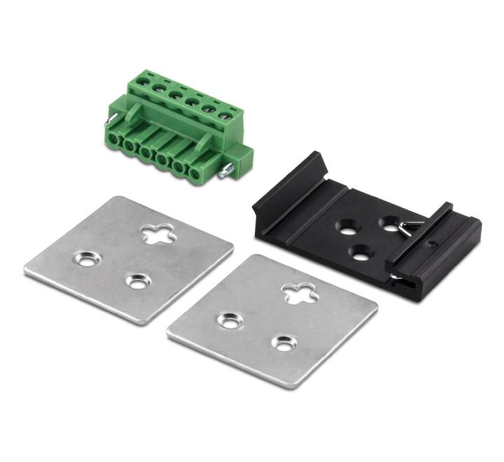 Rear angled view of the durable rugged metal housing of the TRENDnet TI-G80 unmanaged industrial switch highlighting the pre-installed steel DIN-rail assembly bracket.