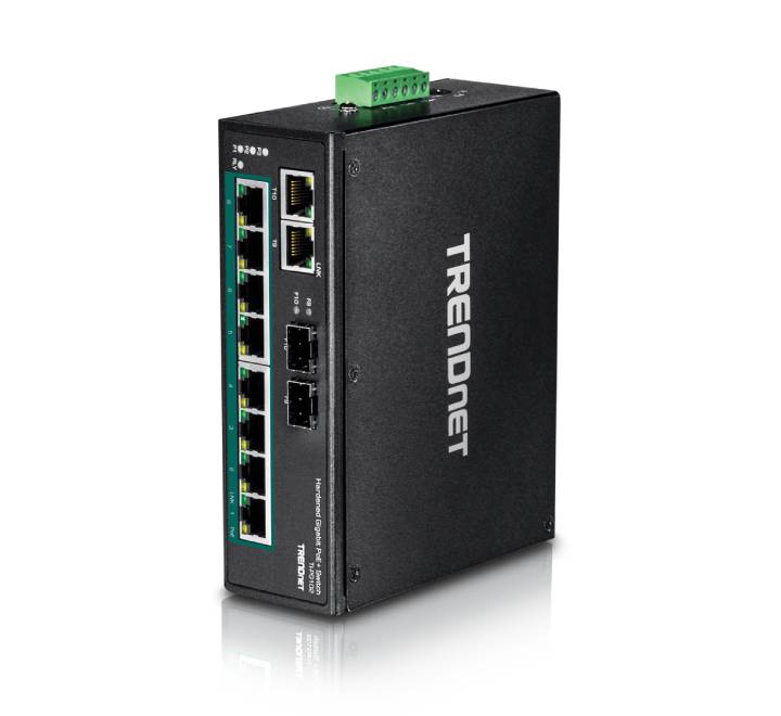 Front connection interface panel of the TRENDnet TI-PG102 industrial switch highlighting the eight green gigabit PoE plus ports and two shared SFP combo fiber ports.