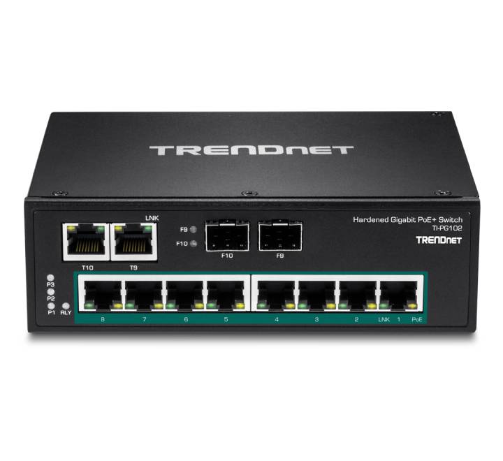 Rear angled profile of the rugged black IP30 metal casing on the TRENDnet TI-PG102 switch showing the pre-installed steel DIN-rail mounting hardware track assembly.