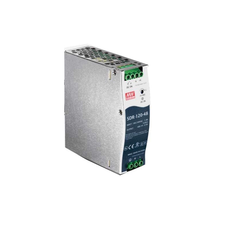 TRENDnet TI-S12048 150W industrial DIN-rail power supply showing frontal profile, power status indicator LED, and terminal adjustments.