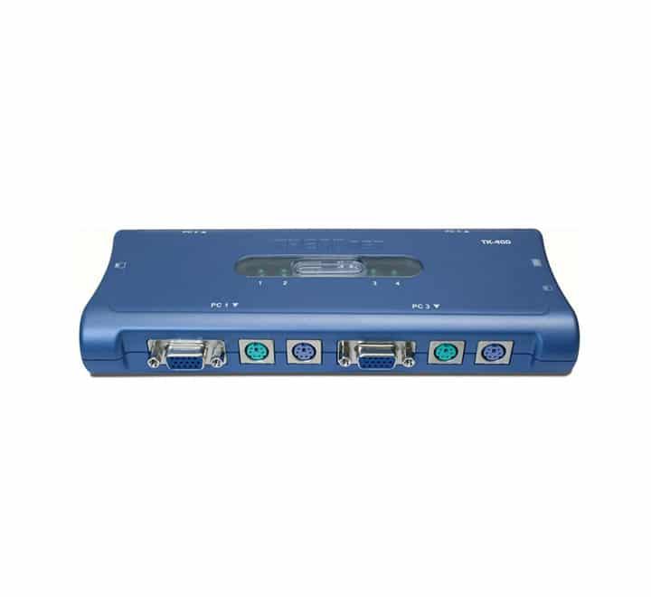 Rear interface profile panel of the TRENDnet TK-400K showing VGA and legacy 6-pin mini-DIN PS2 connection ports.