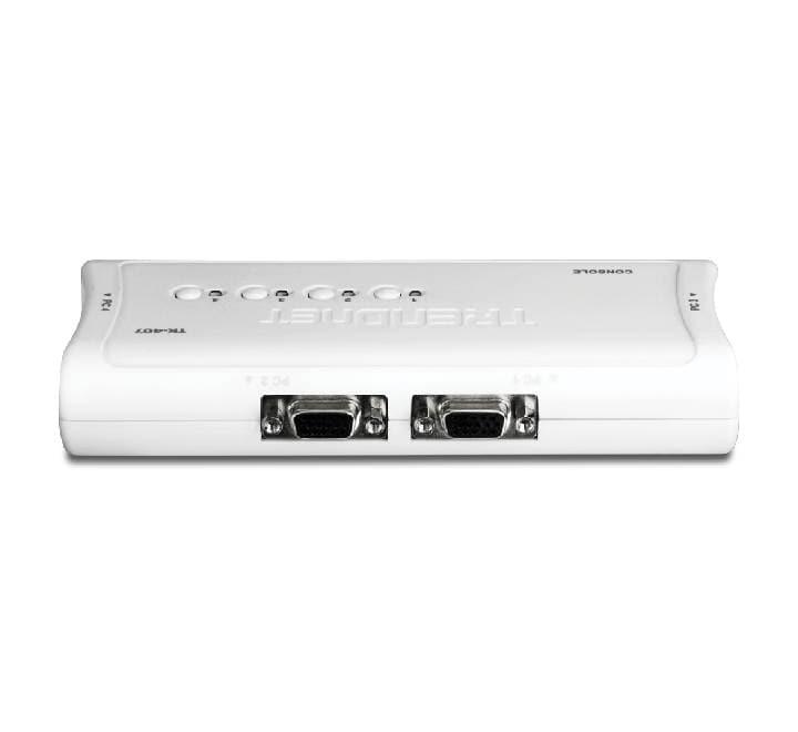 Rear and side profile view of the TRENDnet TK-407K KVM switch showcasing the console VGA and USB layout connection ports.