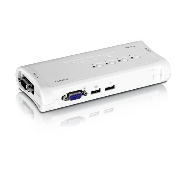 TRENDnet TK-407K unmanaged peripheral organizer system packaged alongside its four included multi-core USB/VGA combination KVM cables.