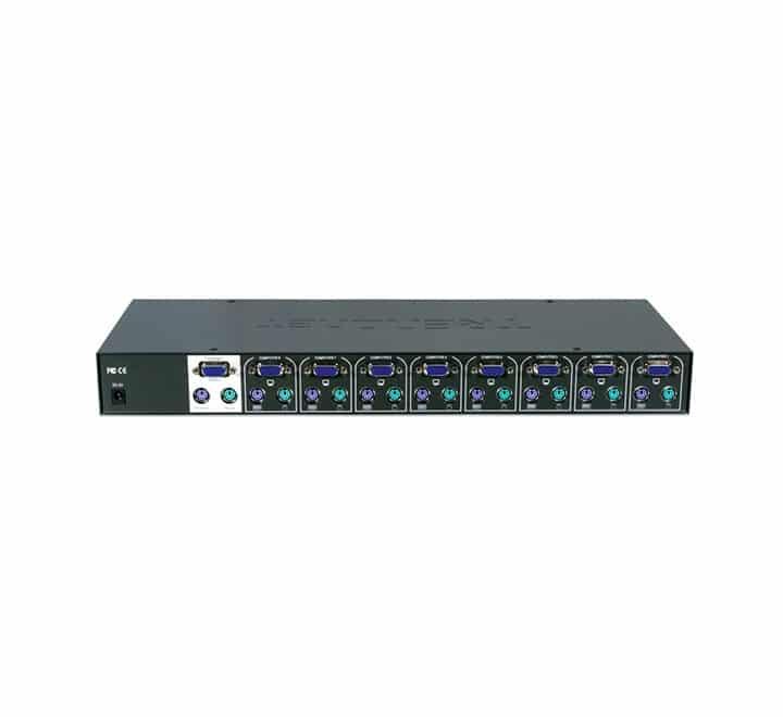 TRENDnet TK-801R 8-Port Rackmount KVM Switch front perspective showing the industrial black steel 1U casing, manual port selection pushbuttons, and status indicator LEDs.
