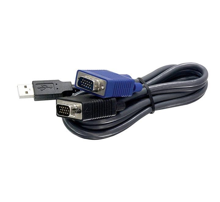 TRENDnet TK-CU06 6-foot USB KVM cable layout showing the single black integrated trunk line dividing cleanly into color-coded VGA and USB host connections.