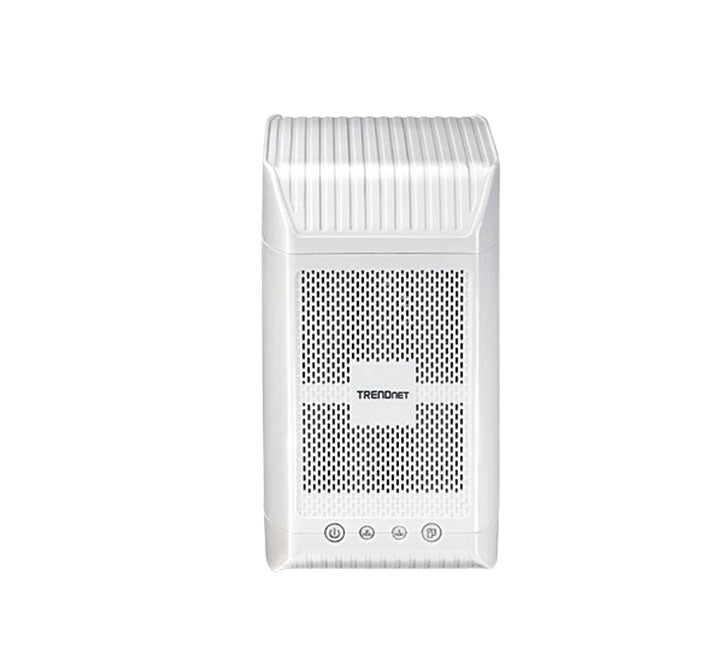 Top angled open view of the TRENDnet TN-200 diskless server enclosure with the sliding chassis casing panel shifted to reveal dual 3.5-inch vertical SATA drive bays.