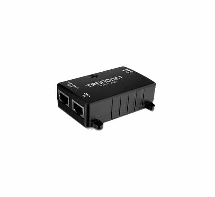Detailed profile of the TRENDnet TPE-113GI interface ports focusing on the Data-In and Power-and-Data Out RJ-45 sockets.