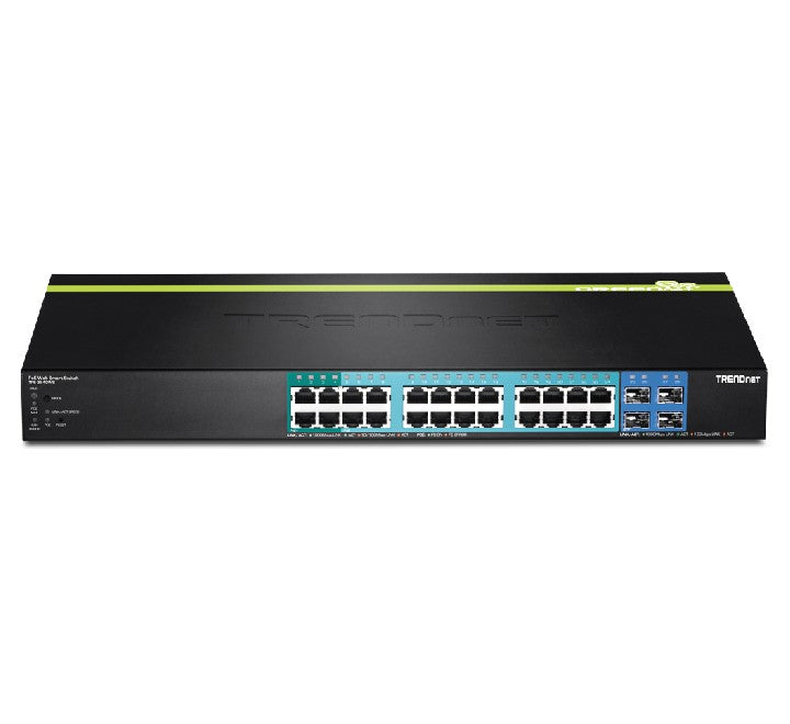 Front interface layout of TRENDnet TPE-2840WS 28-port switch showcasing 24 Gigabit PoE+ ports and 4 dedicated SFP fiber slots.