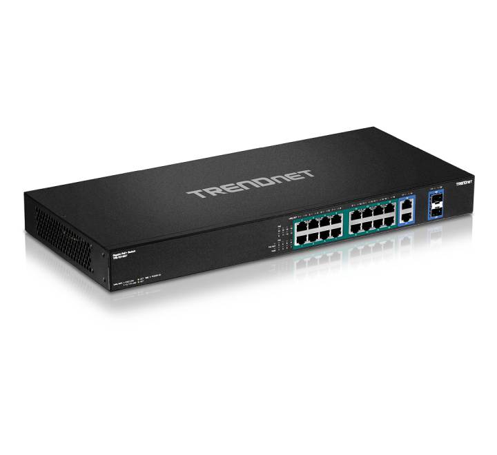 Front interface panel layout of the TRENDnet TPE-TG182F unmanaged rackmount switch showing sixteen gigabit PoE plus ports and two shared SFP combo fiber ports.