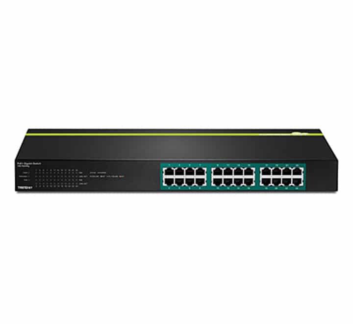 TRENDnet TPE-TG240g 24-port unmanaged gigabit PoE+ switch displaying all 24 RJ45 interfaces and system LED indicator panel.