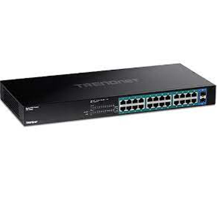 TRENDnet TPE-TG262 unmanaged gigabit PoE+ switch equipped with 1U rackmount brackets for standard network enclosure installation.