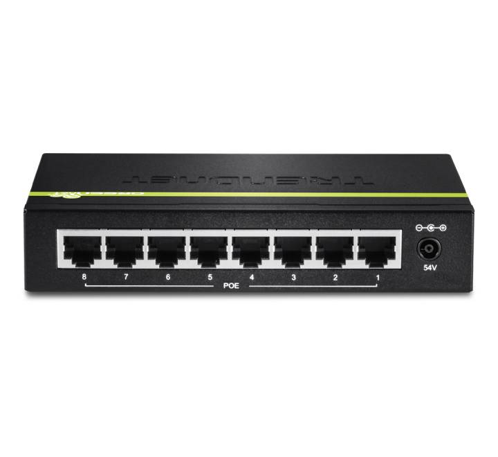 Rear panel hardware interface showing the direct current power input jack on the compact metal chassis of the TRENDnet TPE-TG80g switch.