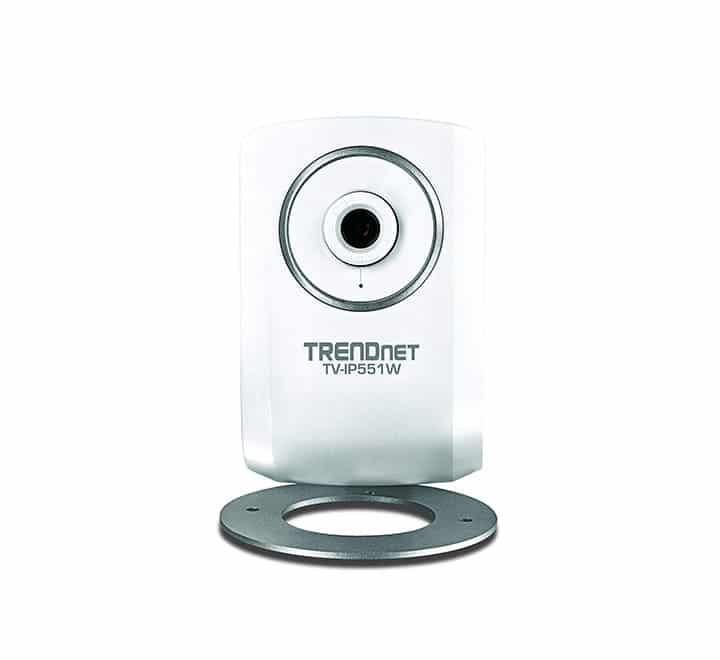 Front view of the off-white TRENDnet TV-IP551W Wireless N internet indoor camera highlighting its manual-focus lens and blue power LED indicator.