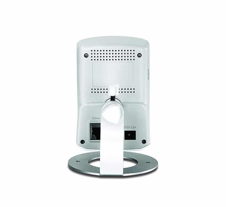 Side profile layout of the TRENDnet TV-IP551W camera displaying the physical WPS connection button and recessed factory reset pinhole.