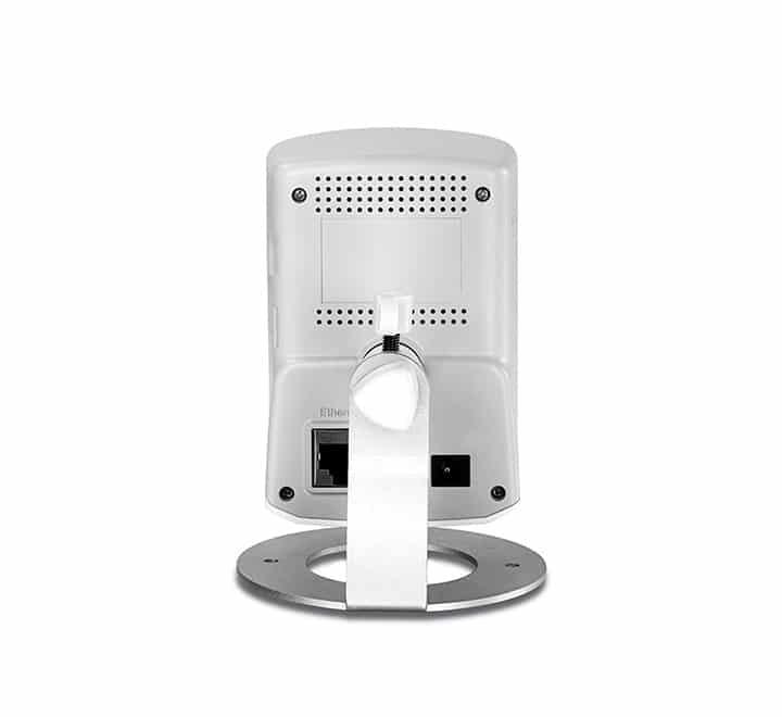 Side view of TRENDnet TV-IP572PI HD internet camera attached to its adjustable silver mounting bracket for wall or ceiling deployment.