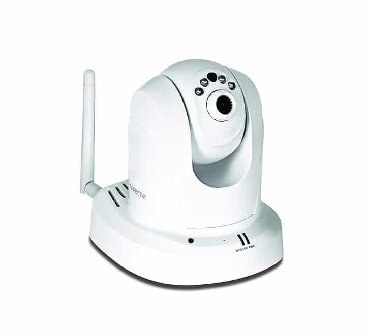 Back panel view of the TRENDnet TV-IP651WI internet camera illustrating the wireless antenna mount, LAN jack, WPS button, and power supply connection.