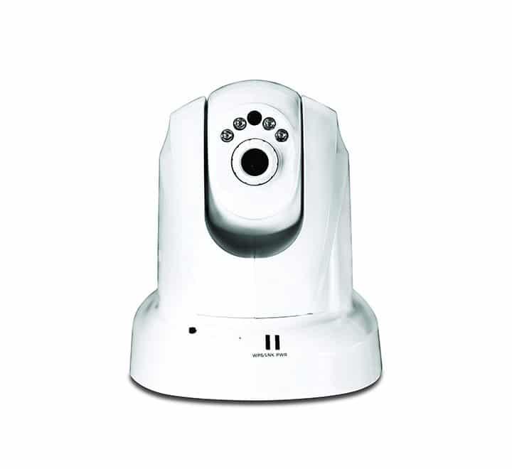 Front isometric view of the TRENDnet TV-IP651WI Wireless N Day and Night Pan Tilt Internet Camera showing the dark gray lens sphere and infrared LEDs.