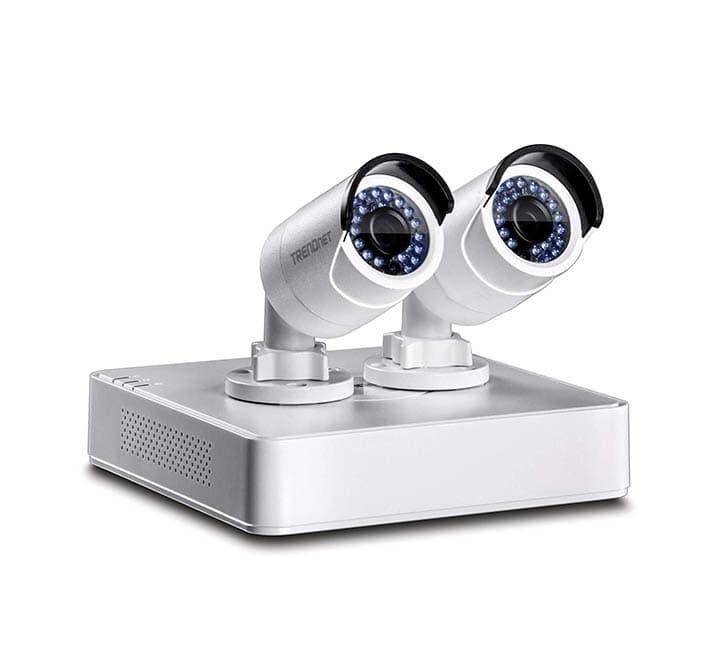 TRENDnet TV-NVR104K full kit showcasing the 4-channel standalone network video recorder console alongside the two included outdoor bullet cameras and cables