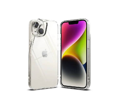 Ringke Air Case for iPhone 14 front profile showcasing the flexible clear TPU frame with raised bumper borders around the screen.