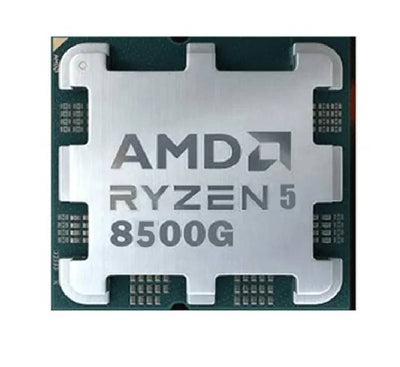 Official retail box of the AMD Ryzen 5 8500G AM5 desktop processor with clear viewing panel highlighting the CPU chip