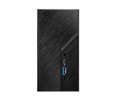 Rear side of the black ASRock DeskMini X300 showing HDMI, DisplayPort, VGA, USB connections, and DC power input.