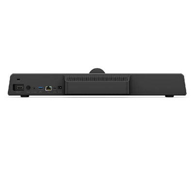 BenQ VC01A mounted on a display showing AI auto-framing and 120-degree wide-angle view in a huddle room.
