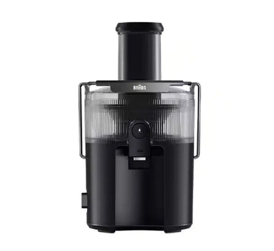 Braun MultiJuice 5 Spin Juicer SJ5000BK in matte black, showing the main motor base, pulp container, and wide fruit feeding tube.