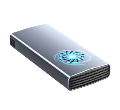 Coolplayer M.2 NVMe SSD Enclosure with active cooling fan aluminum gray body view