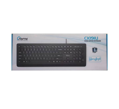 Ergonomic tilt angle and profile of Crome CK191U wired USB office keyboard.