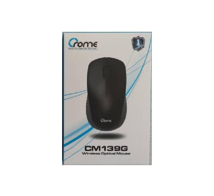 Top-down layout showcasing the ambidextrous shape and scroll wheel of the Crome CM139G cordless mouse.