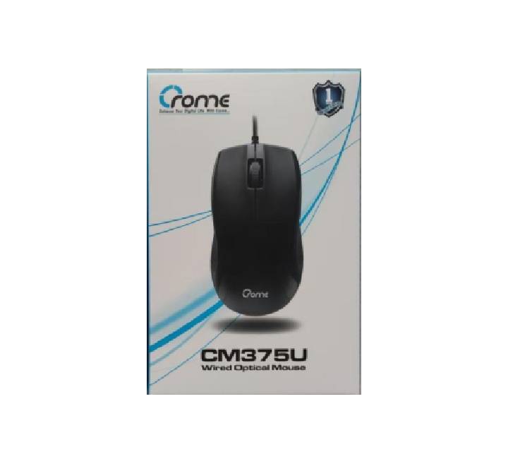 Side view showcasing the symmetric ambidextrous curvature of the Crome CM375U USB wired mouse.