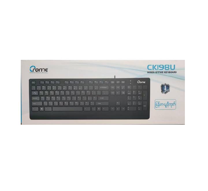 Ergonomic tilt adjustment kickstands on the side profile of a Crome CK198U USB office keyboard.